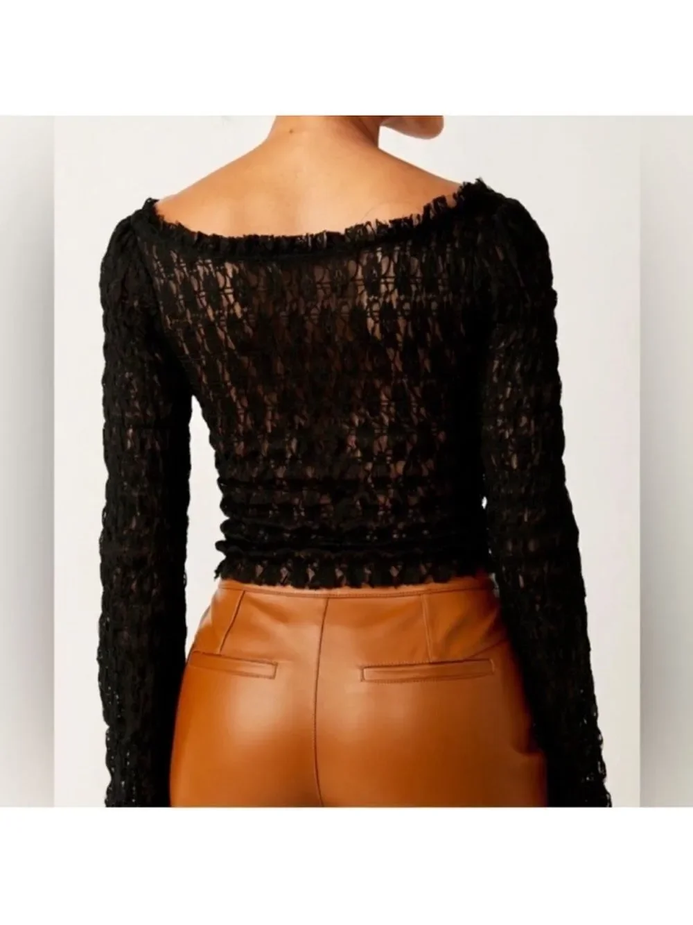 free people XS-S Madison Black Hook Eye Cropped Bell Sleeve Lace Top